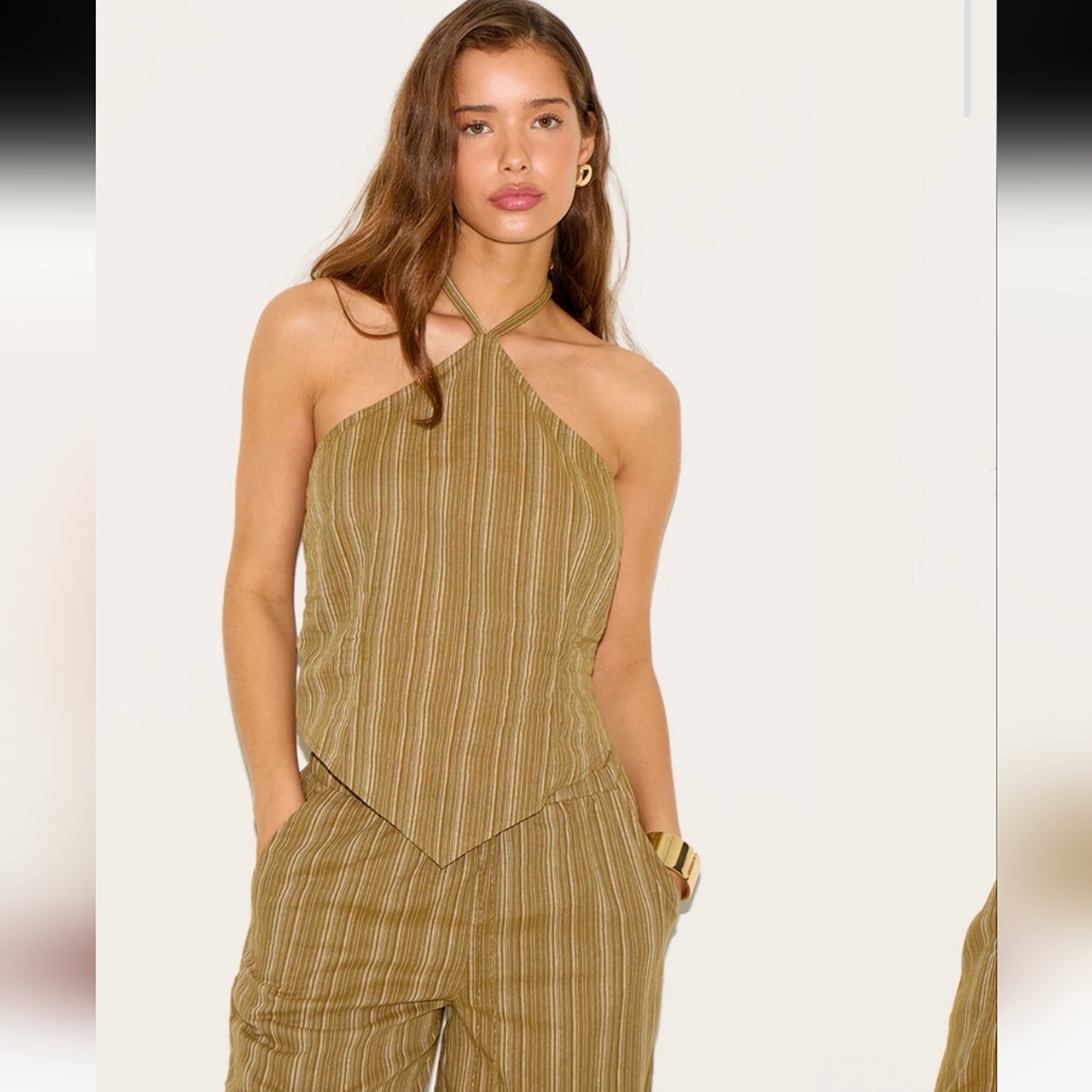 #126 NWT PrettyLittleThing Khaki Pinstripe Halter Neck Pointed Hem Top, Size 4